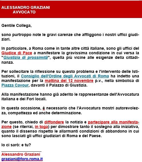 MARTEDI' 12 NOVEMBRE, manifestazione dell'Avvocatura, per la Giustizia,  nella s